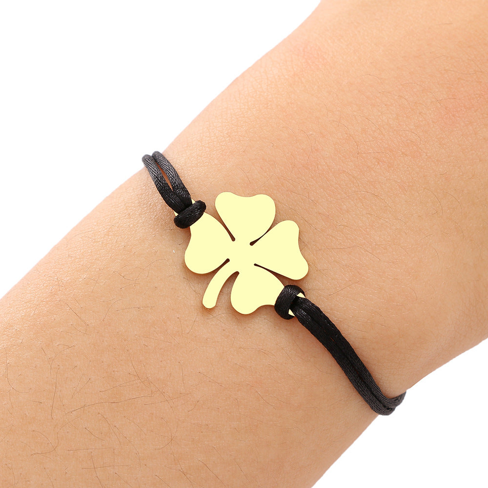 Stainless Steel Maple Leaf Love Woven Bracelet Simple Black Rope Bracelet