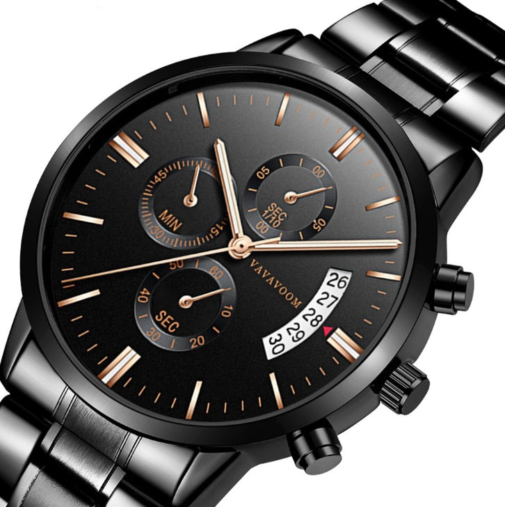 Men''s Stainless Steel Watches with Business Leisure Calendar Quartz Watches Waterproof Black Refined Steel