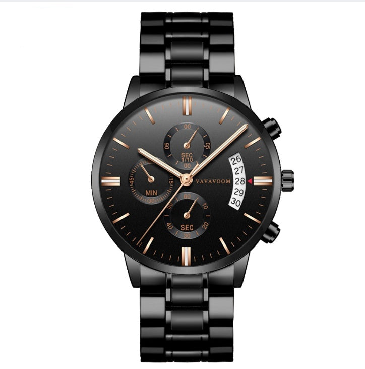 Men''s Stainless Steel Watches with Business Leisure Calendar Quartz Watches Waterproof Black Refined Steel