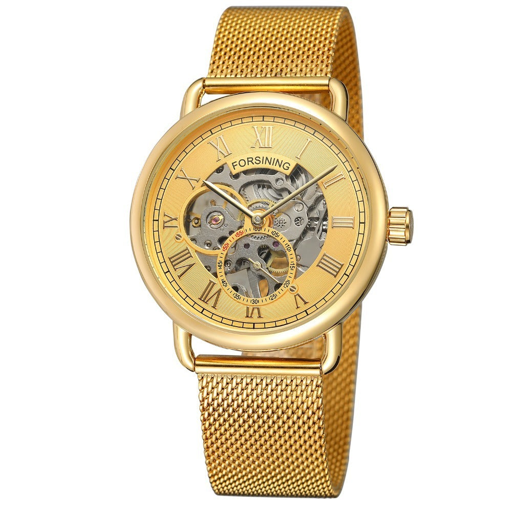 Men'S Fashion Casual Retro Hollow Mesh Belt Waterproof Manual Mechanical Watch