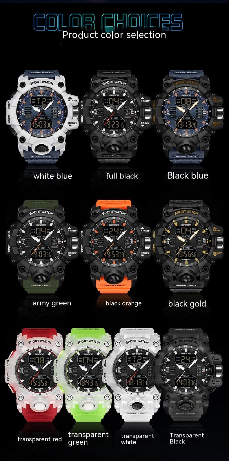 Sanda Green Light Photoelectric Multifunctional Waterproof Shockproof Transparent Watch
