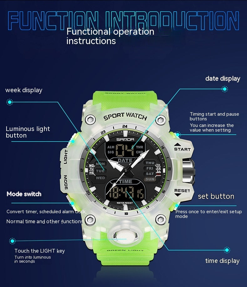 Sanda Green Light Photoelectric Multifunctional Waterproof Shockproof Transparent Watch
