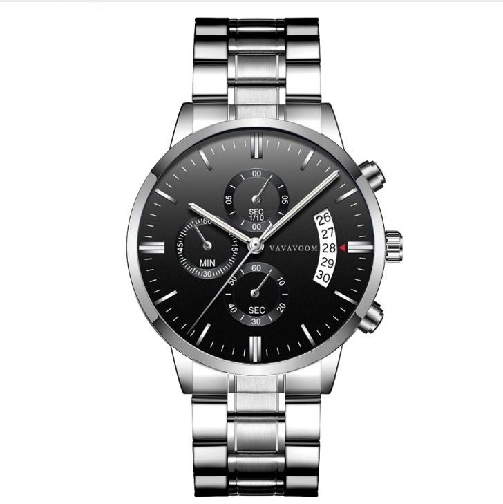 Men''s Stainless Steel Watches with Business Leisure Calendar Quartz Watches Waterproof Black Refined Steel