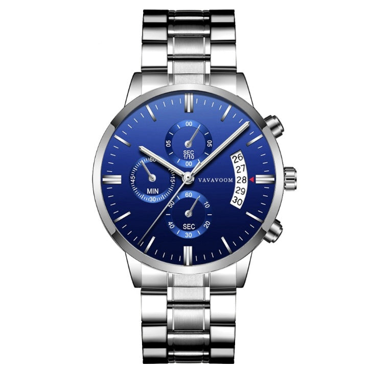 Men''s Stainless Steel Watches with Business Leisure Calendar Quartz Watches Waterproof Black Refined Steel