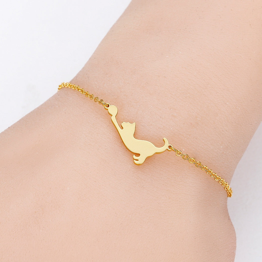 Stainless Steel Cat Play Pendant Personalized Women's Bracelet