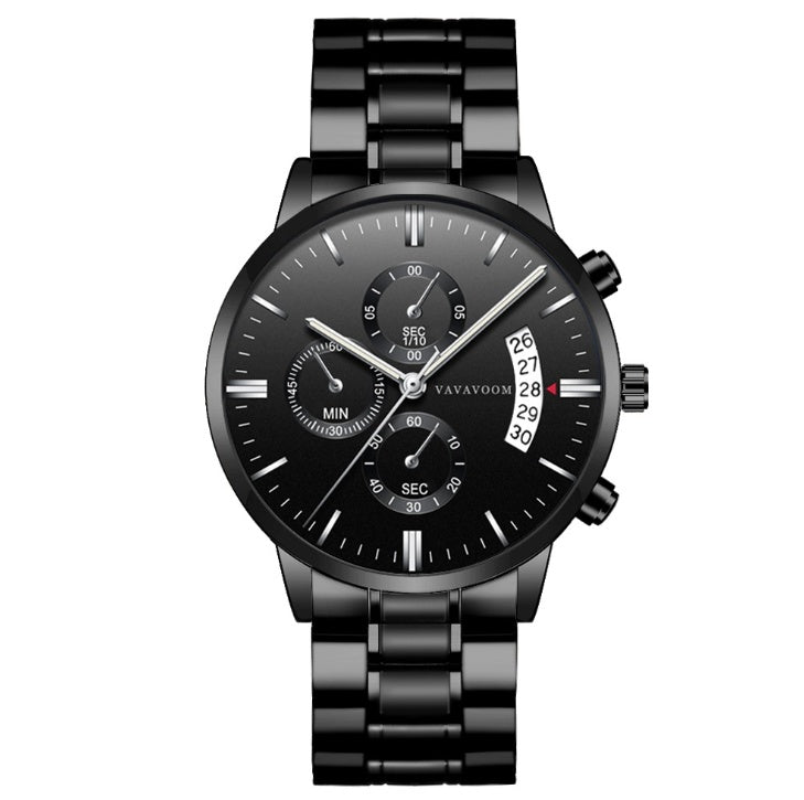 Men''s Stainless Steel Watches with Business Leisure Calendar Quartz Watches Waterproof Black Refined Steel