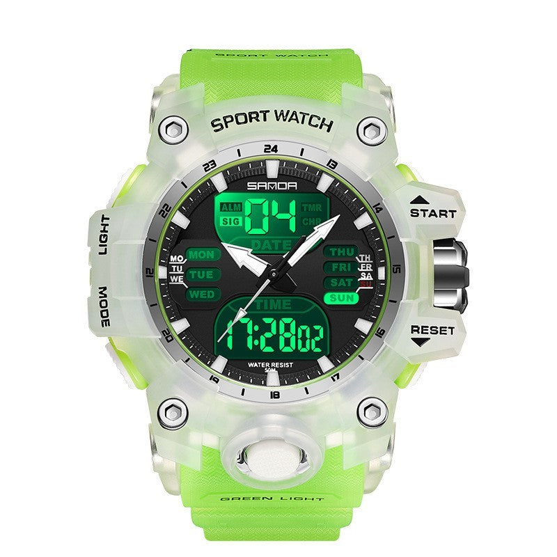 Sanda Green Light Photoelectric Multifunctional Waterproof Shockproof Transparent Watch