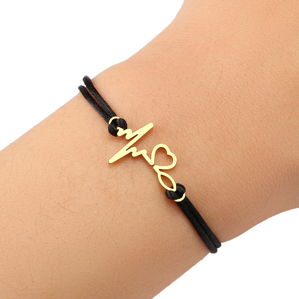 Stainless Steel Maple Leaf Love Woven Bracelet Simple Black Rope Bracelet