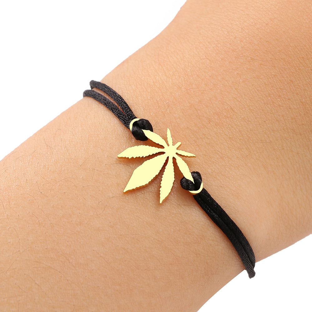 Stainless Steel Maple Leaf Love Woven Bracelet Simple Black Rope Bracelet