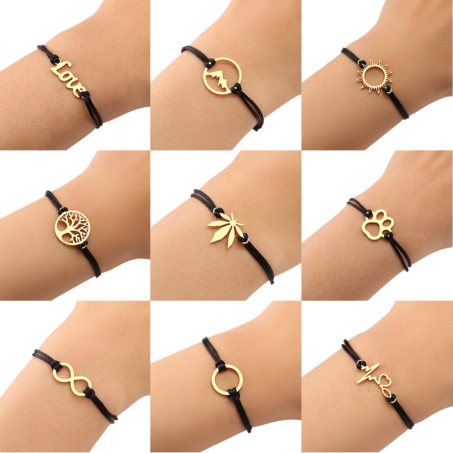 Stainless Steel Maple Leaf Love Woven Bracelet Simple Black Rope Bracelet