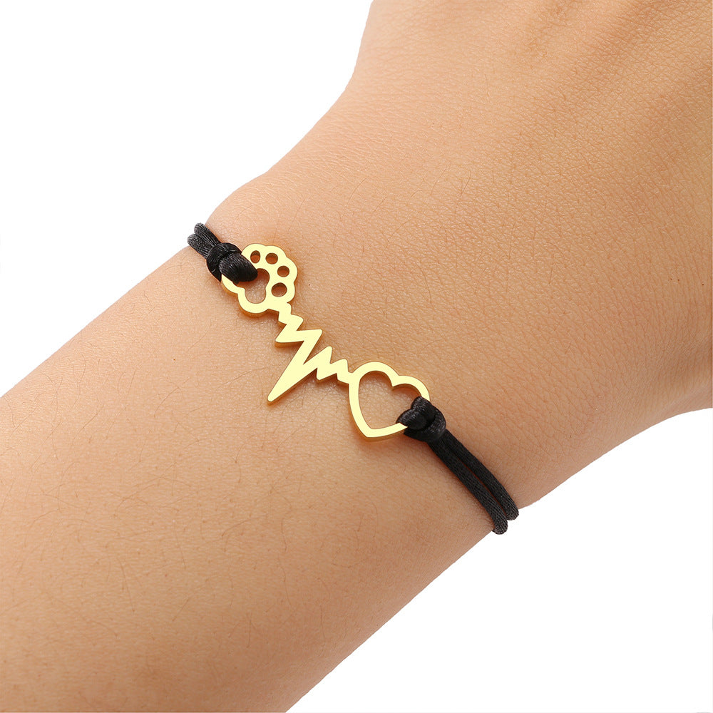 Stainless Steel Maple Leaf Love Woven Bracelet Simple Black Rope Bracelet