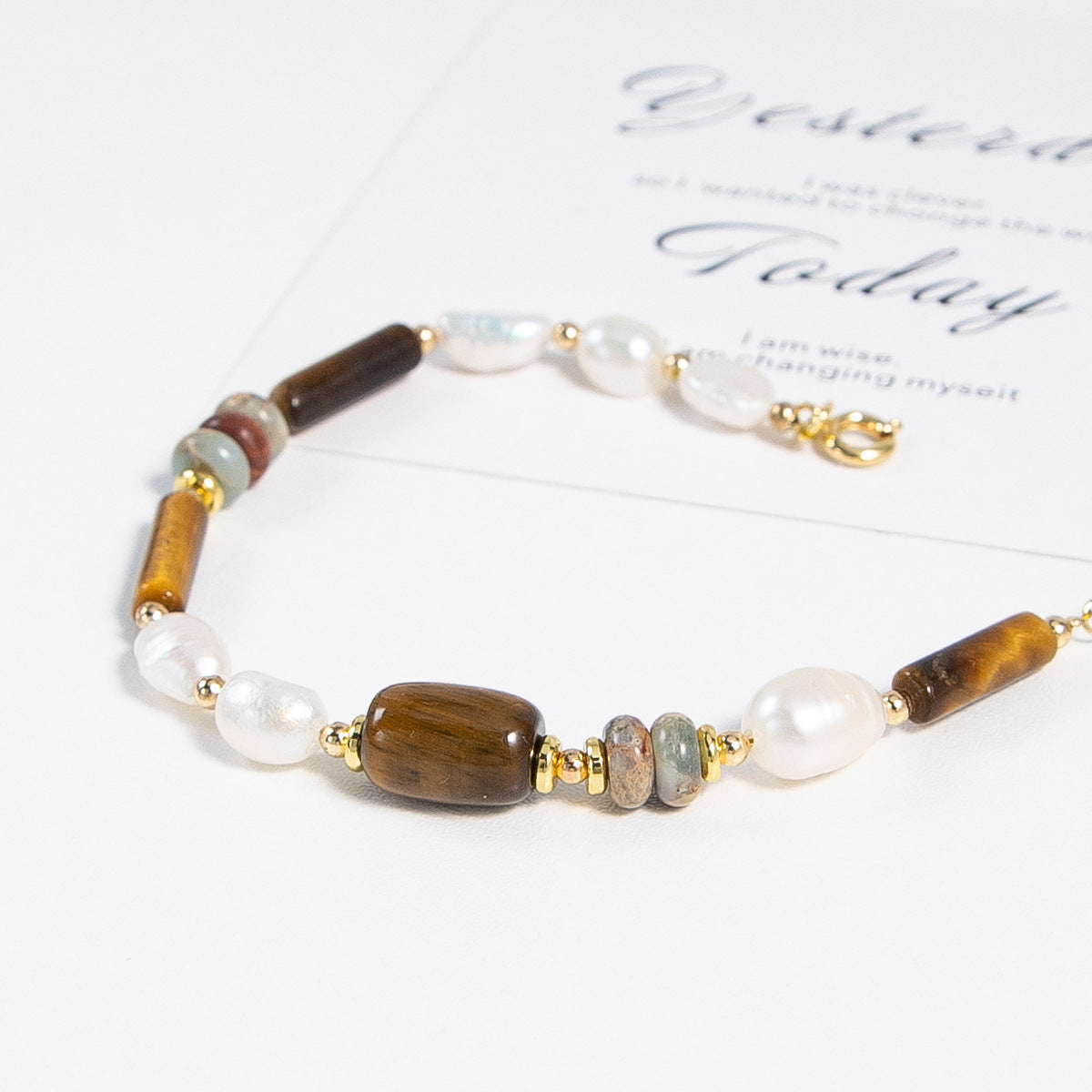 American Tigereye Natural Stone Freshwater Baroque Pearl Beaded Bracelet