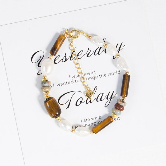 American Tigereye Natural Stone Freshwater Baroque Pearl Beaded Bracelet